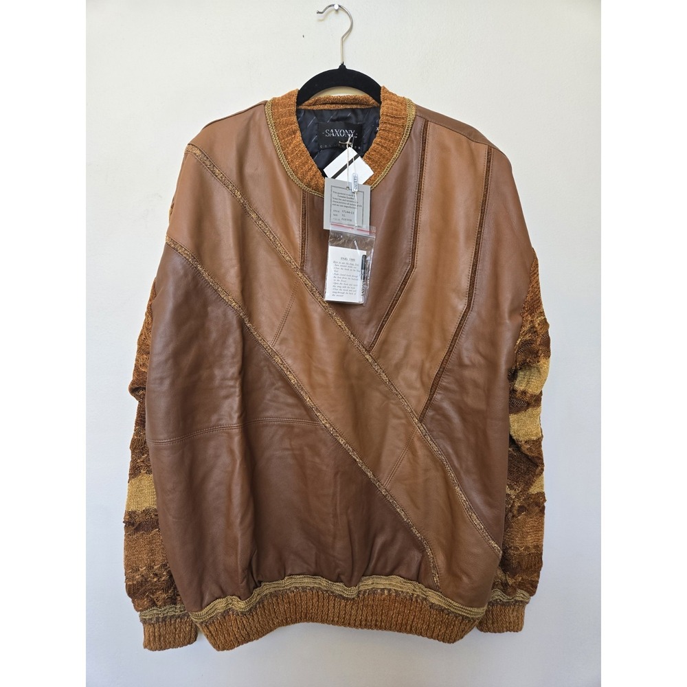 Vintage 80s 90s Saxony Mens Leather Sweater Brown Gold Sz Xl Pullover Pimp